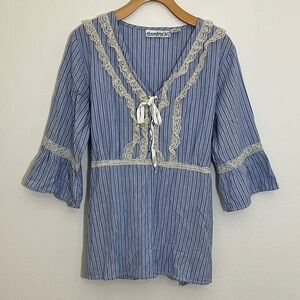 Denim 24/7 Blue Cotton Plus Size Striped Cream Lace-Trim Peasant Top
